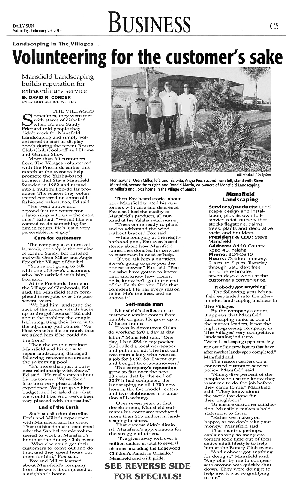 Mansfield Landscaping - The Villages Daily Sun Article - February 23, 2013